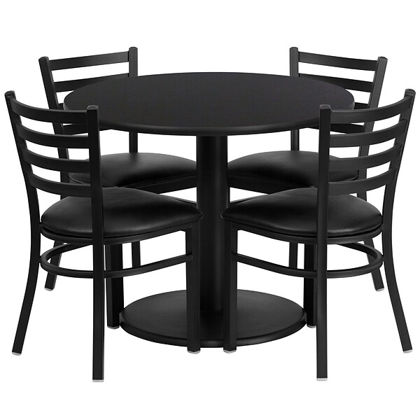 Flash Furniture 36 Round Black Laminate Table Set W/4 Ladder Back Black Vinyl Seat Chairs (RSRB1029)
