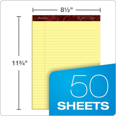 Ampad Gold Fibre Notepads, 8.5" x 11.75", Wide Ruled, Canary, 50 Sheets/Pad, 4 Pads/Pack (TOP20-032R)