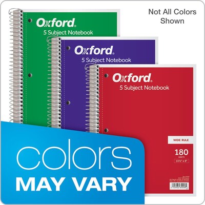 Oxford 5-Subject Notebook, 8" x 10 1/2", Wide Ruled, 180 Sheets, Assorted Colors (65058)