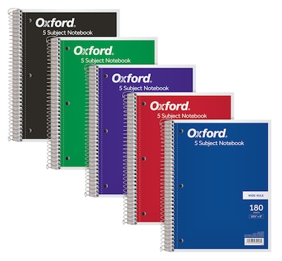 Oxford 5-Subject Subject Notebooks, 8 x 10.5, Wide Ruled, 180 Sheets, Each (65058)
