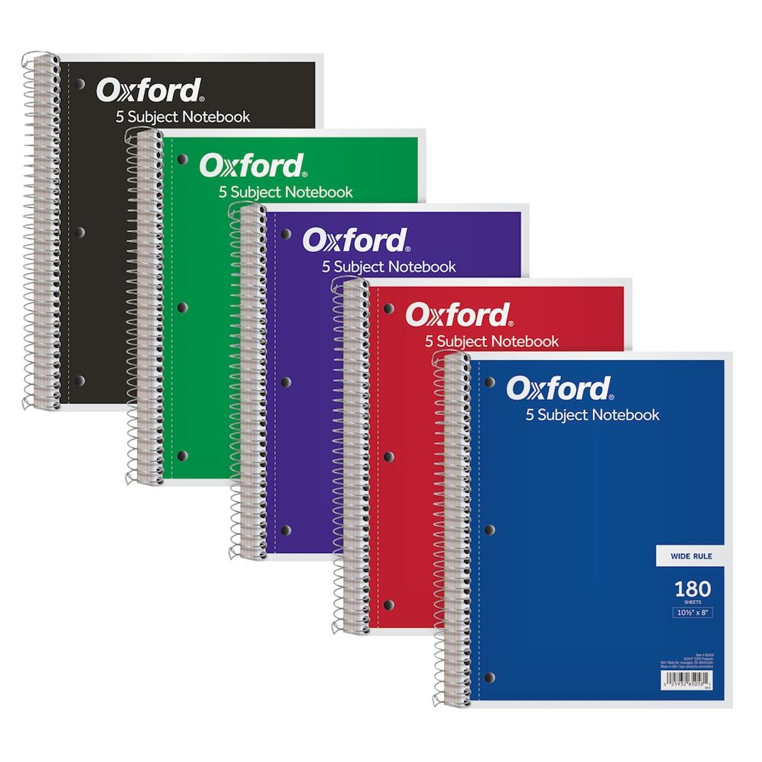 Oxford 5-Subject Notebook, 8 x 10 1/2, Wide Ruled, 180 Sheets, Assorted Colors (65058)