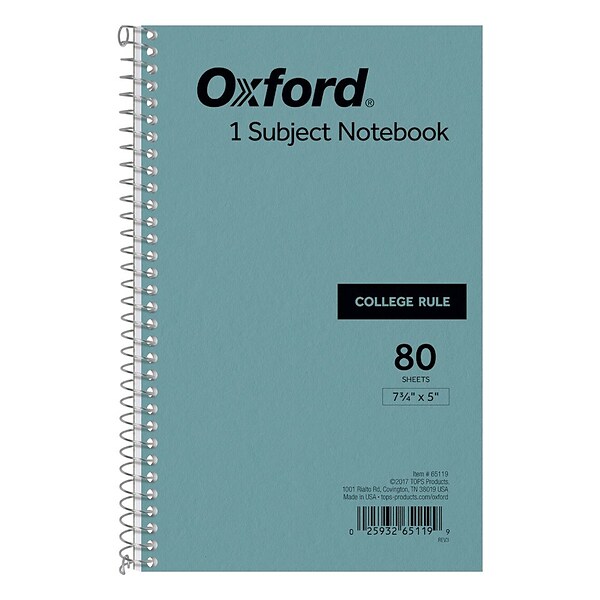 Oxford 1-Subject 5 x 7.75, College Ruled, 80 Sheets, Blue (TOP 65119)