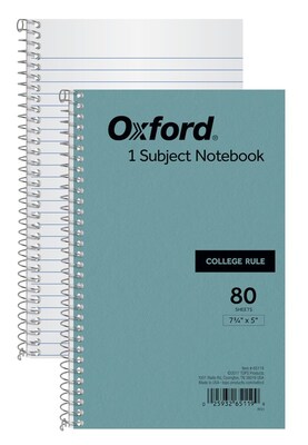 Oxford 1-Subject Notebooks, 5" x 7.75", College Ruled, 80 Sheets, Blue (65119)