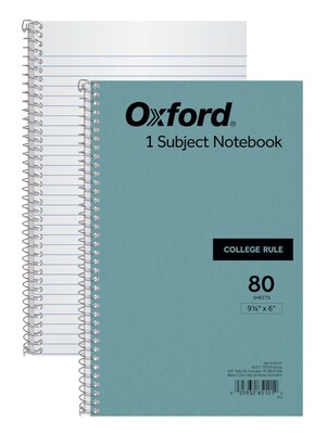 Oxford 1-Subject Notebooks, 6" x 9.5", College Ruled, 80 Sheets, Blue (65121)