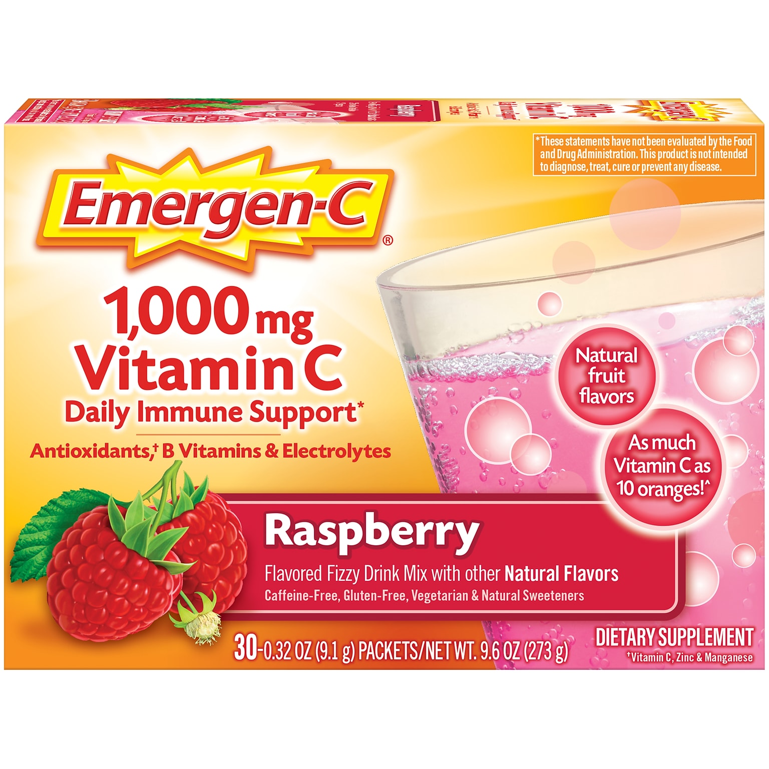 Emergen-C Drink Mix, Raspberry, 30/Box (130201)