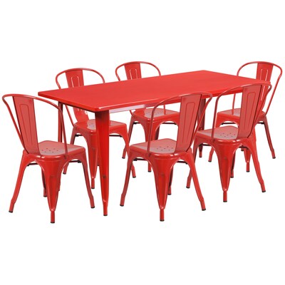 Flash Furniture 31.5 x 63 Rectangular Red Metal Indoor-Outdoor Table Set with 6 Stack Chairs (ET-CT005-6-30-RED-GG)
