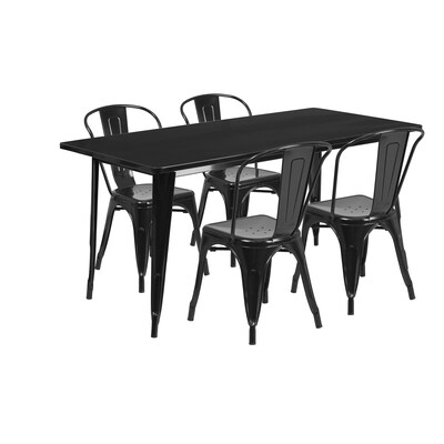 Flash Furniture 31.5 x 63 Rectangular Black Metal Indoor-Outdoor Table Set with 4 Stack Chairs (ET-CT005-4-30-BK-GG)
