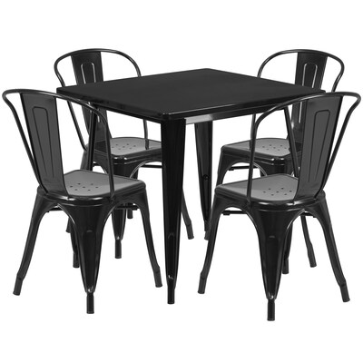Flash Furniture Foster Indoor-Outdoor Table Set with 4 Stack Chairs, 31.5 x 31.5, Black (ETCT002430BK)