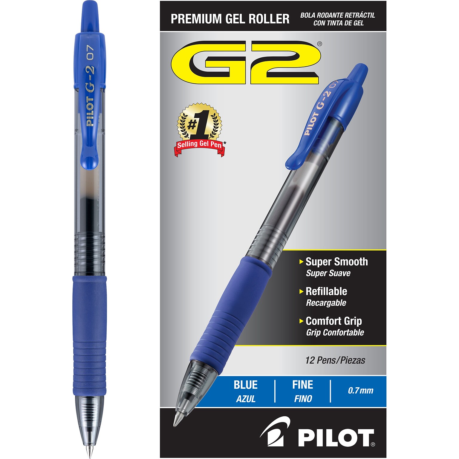 Pilot G2 Retractable Gel Pens, Fine Point, 0.7mm, Blue Ink, Dozen (31021)