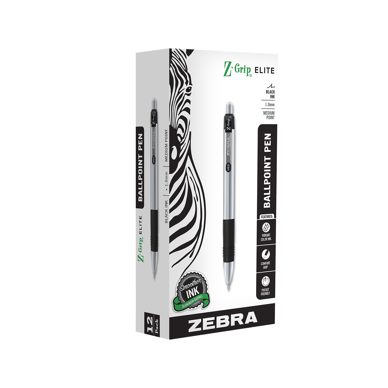 Zebra Z-Grip Elite Retractable Ballpoint Pen, Medium Point, 1.0mm, Black Ink, Dozen (27010)