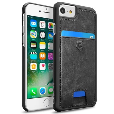Cobble Pro Black Rear Leather Card Slot Shell Case (w/ 4-Corners Raised Lip Protection) for Apple iPhone 7/ 8 / 6 / 6s