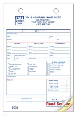Custom Road Service Register Form, Large Format, 3 Parts, 1 Color Printing, 5 1/2 x 8 1/2, 500/Pac