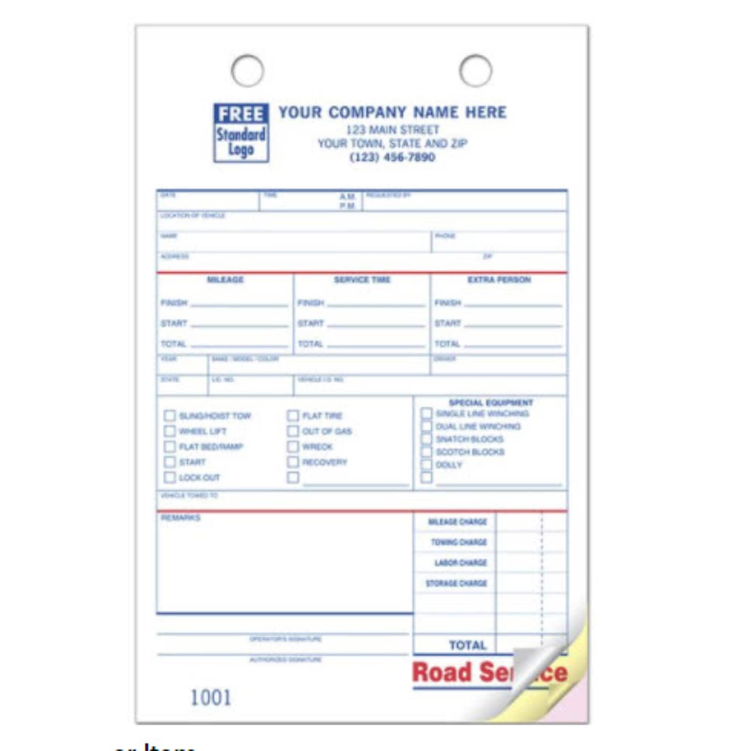 Custom Road Service Register Form, Large Format, 2 Parts, 1 Color Printing, 5 1/2 x 8 1/2, 500/Pack