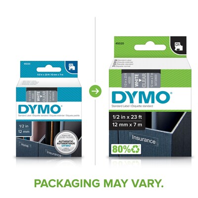 DYMO Tape Cartridge for Electronic Label Makers, White on Clear, 1/2W x 23L