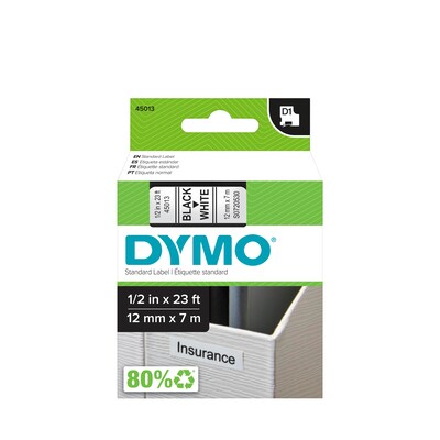 DYMO D1 Standard 45013 Label Maker Tape, 1/2W, Black On White