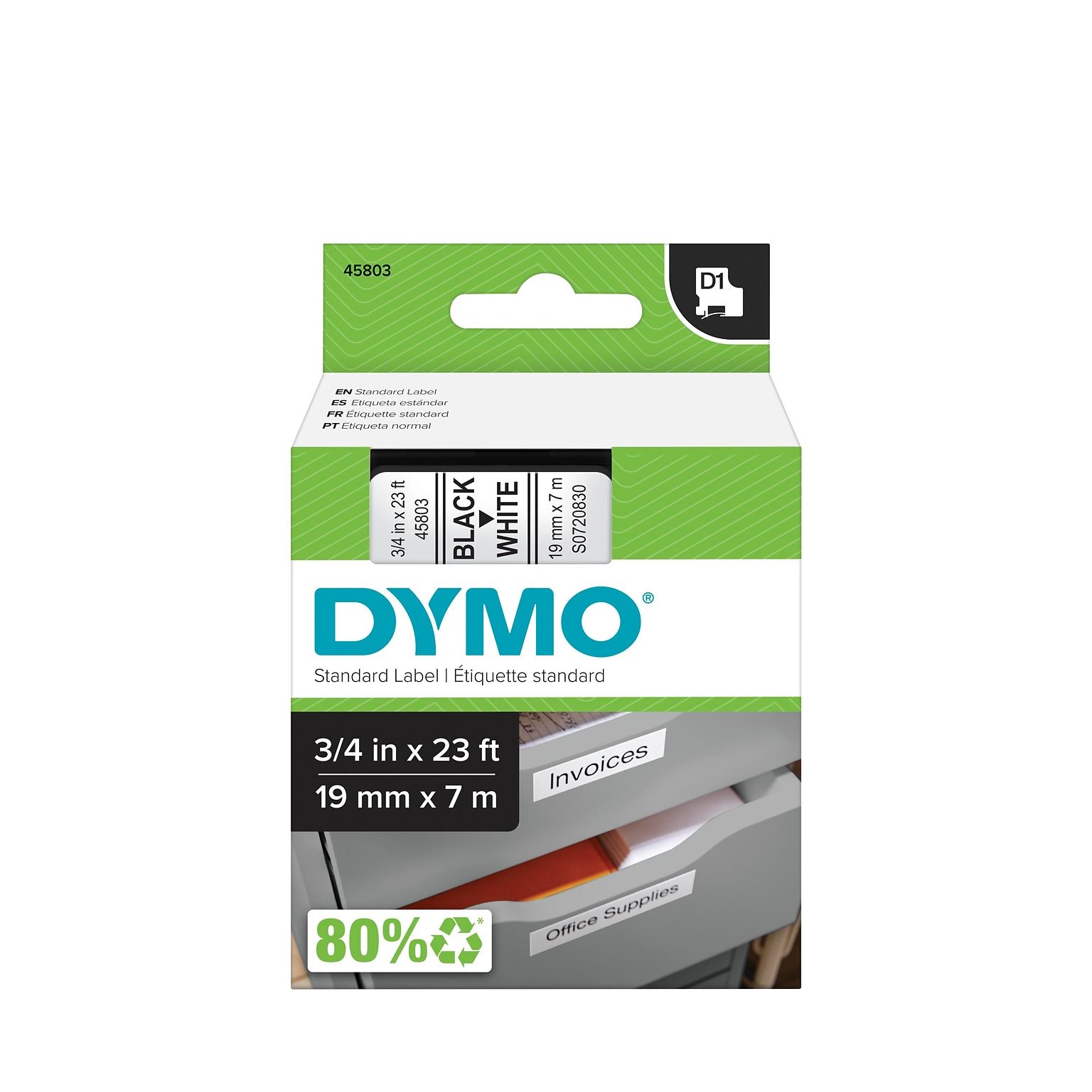 DYMO D1 Standard 45803 Label Maker Tape, 3/4 x 23, Black on White (45803)