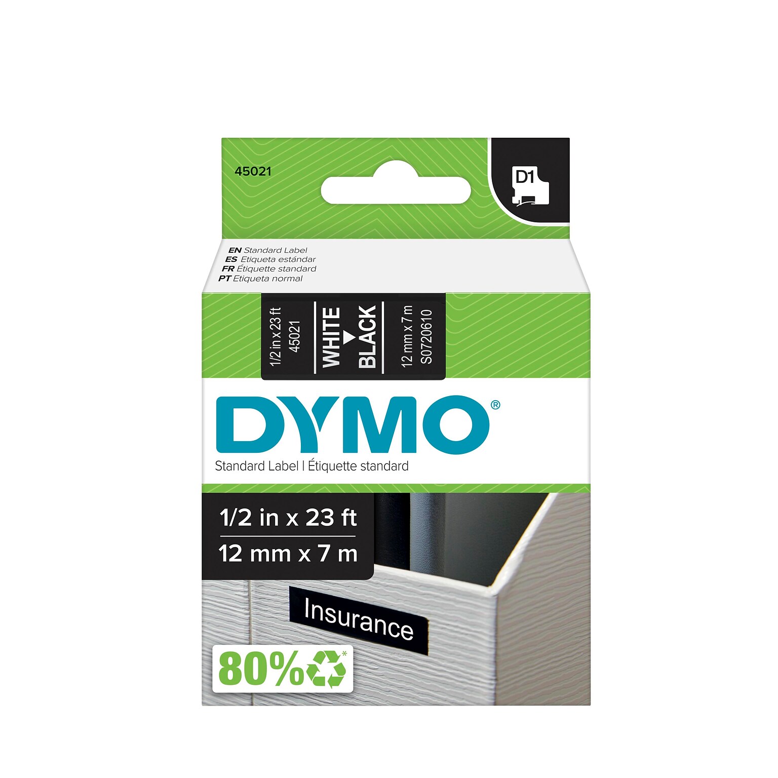 Dymo D1 Standard 45021 Label Maker Tape, 0.5W, White On Black