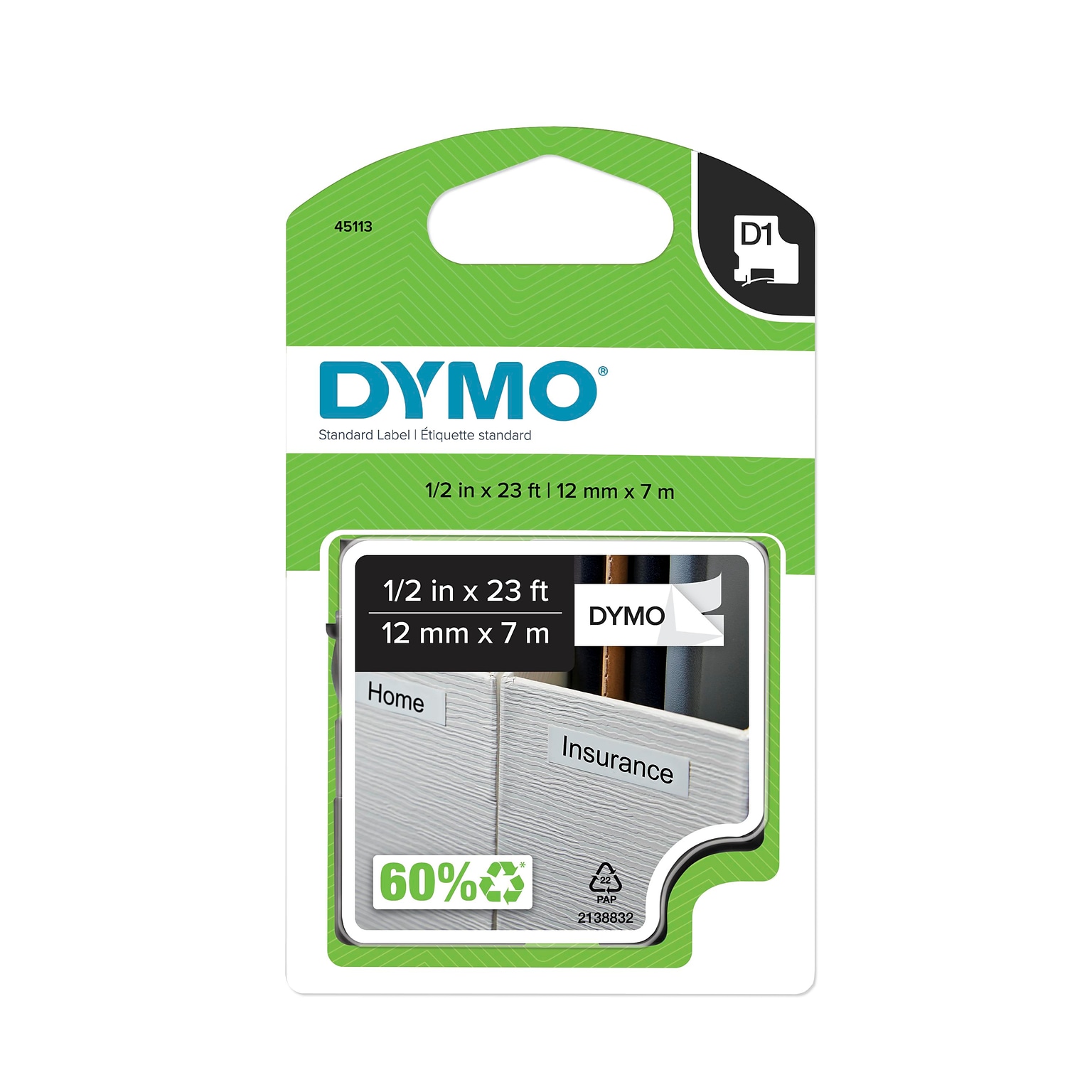 DYMO D1 Standard 45113 Label Maker Tape, 1/2 x 23, Black on White (45113)
