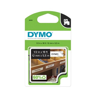 Dymo D1 16955 Label Maker Tape, 0.5W, Black On White
