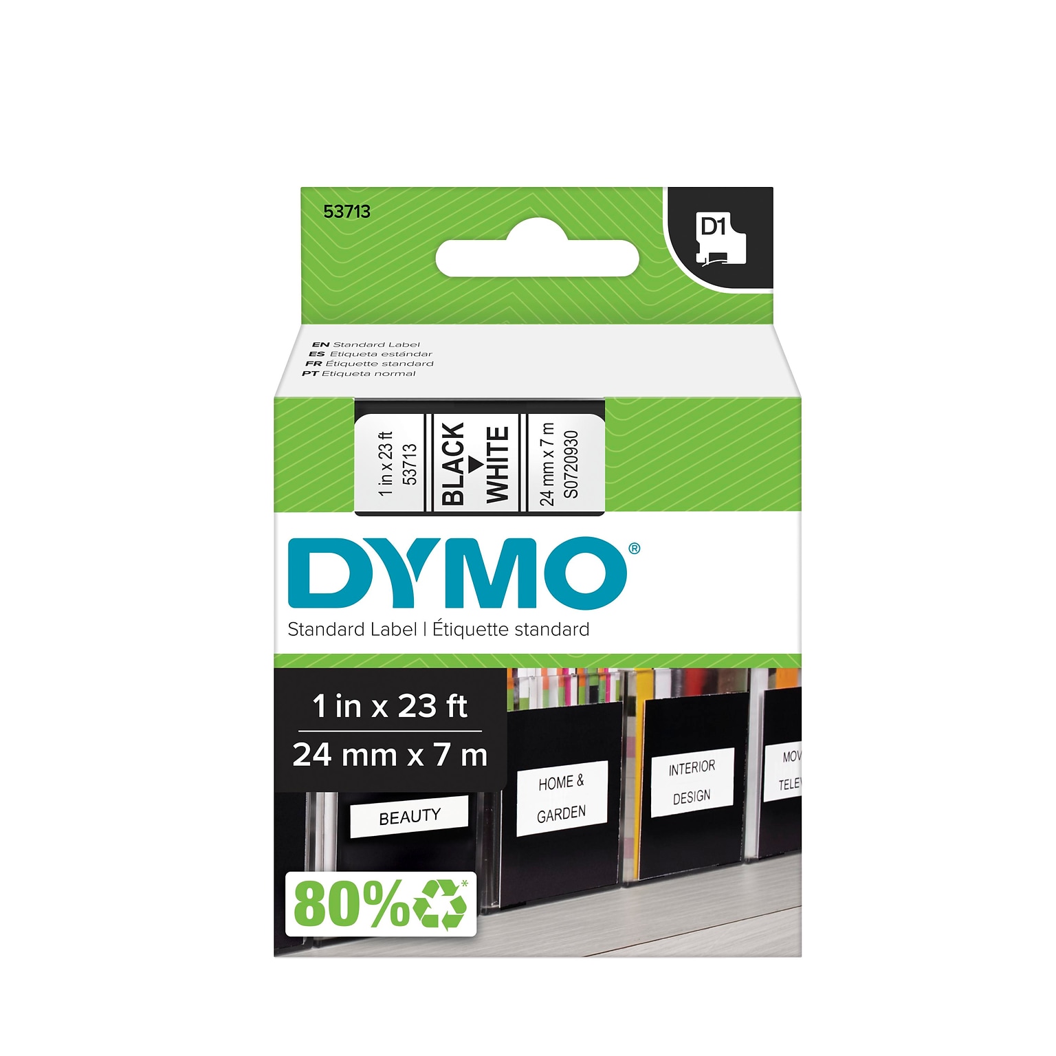 DYMO D1 Standard 53713 Label Maker Tape, 1 x 23, Black on White (53713)