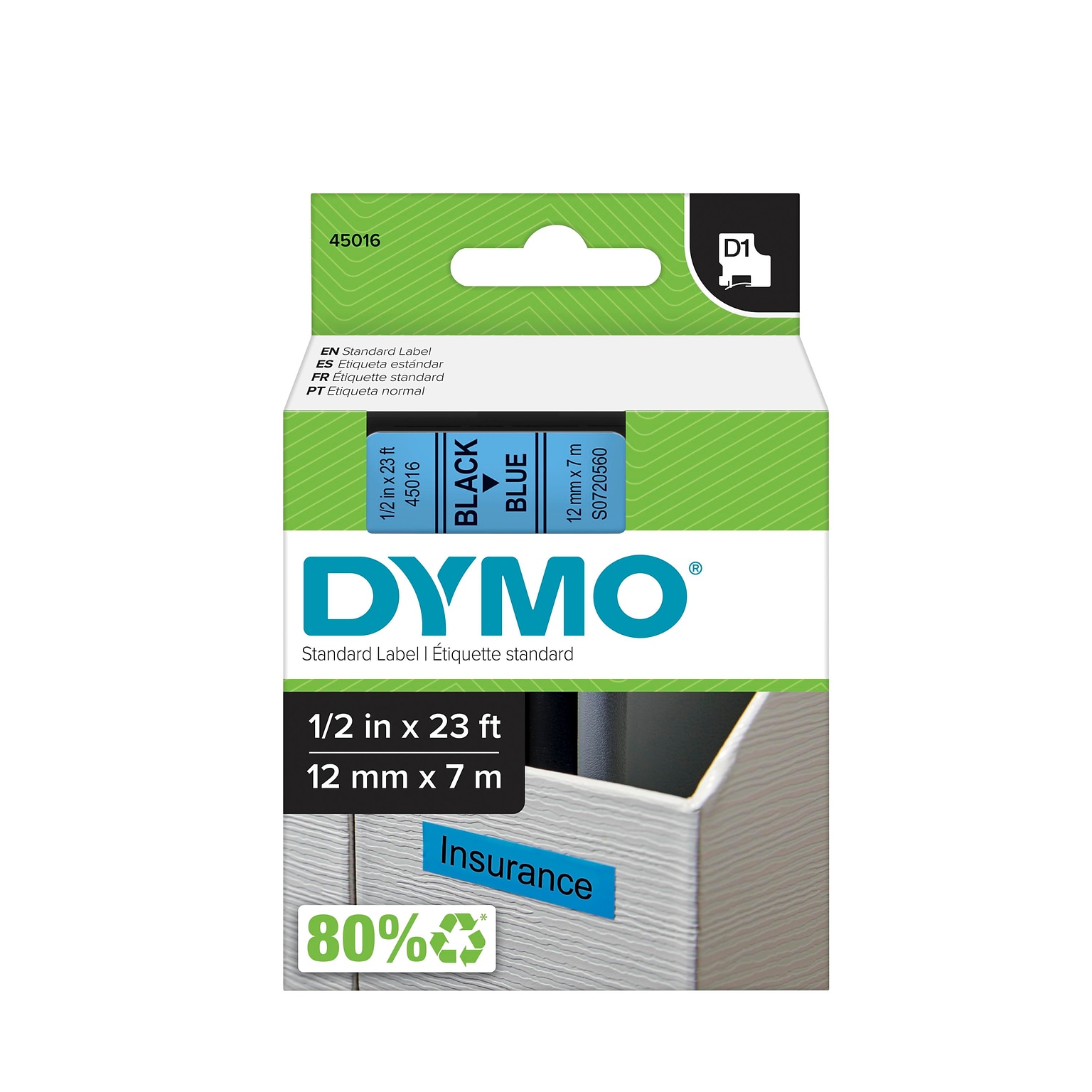 DYMO Standard D1 45016 Printer Label, 1/2W, Black on Blue