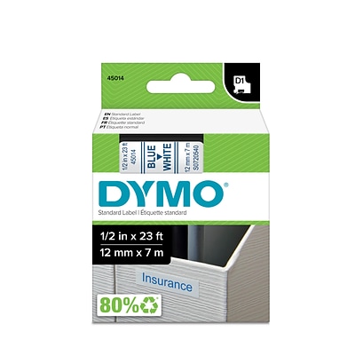DYMO Standard D1 45014 Label Maker Tape, 1/2W, Blue on White