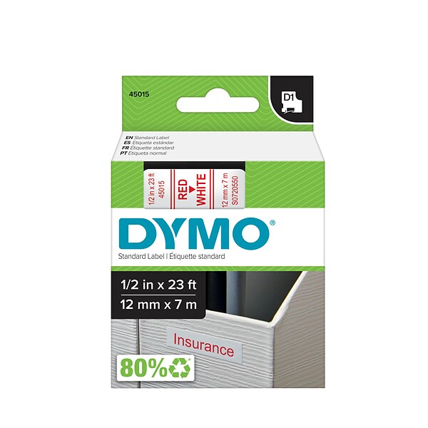 DYMO D1 45015 Label Maker Tape, 1/2W, Red on White