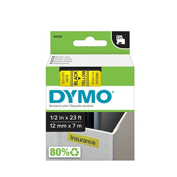 Dymo D1 Standard 45018 Label Maker Tape, 0.5W, Black On Yellow