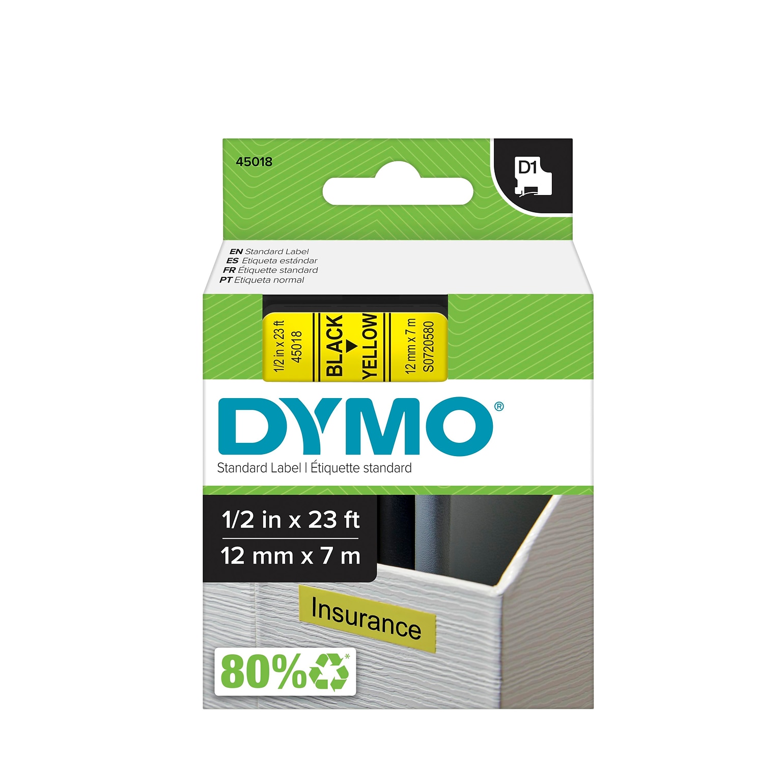 DYMO D1 Standard 45018 Label Maker Tape, 1/2 x 23, Black on Yellow (45018)