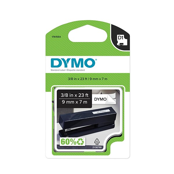 DYMO D1 Standard 1761554 Label Maker Tape, 0.38W, Black On White