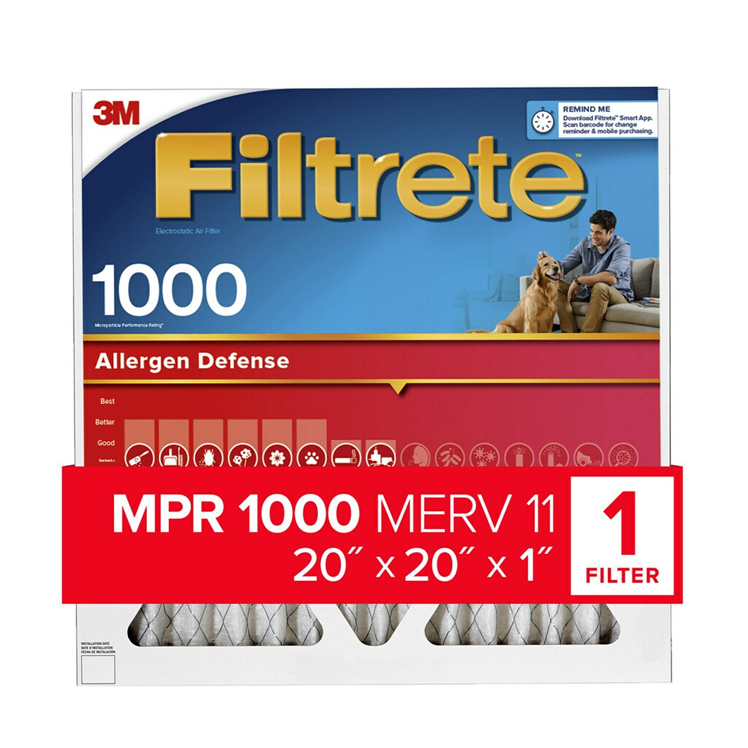 Filtrete Allergen Defense Air Filter, 1000 MPR, 20 x 20 x 1 (9802-4)