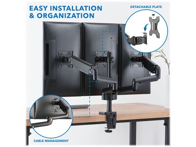 Mount-It! Adjustable Triple Monitor Mount with Gas Spring Arms, Up to 27", Black (MI-4753B)