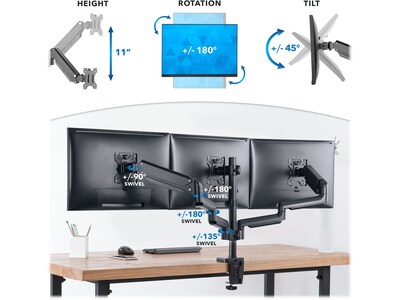 Mount-It! Adjustable Triple Monitor Mount with Gas Spring Arms, Up to 27", Black (MI-4753B)