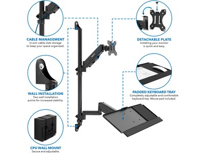 Mount-It! Adjustable Monitor Wall Mount Workstation, Up to 32", Black (MI-7991)