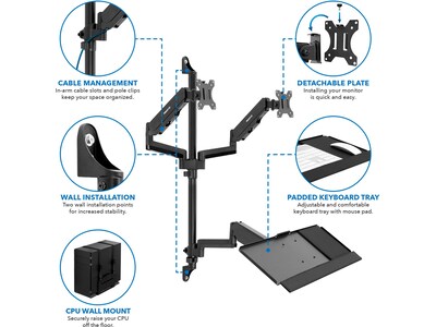 Mount-It! Adjustable Dual-Monitor Wall Mount Workstation, Up to 32", Black (MI-7992)