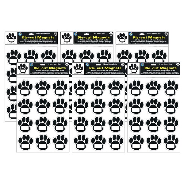 Ashley Productions® Die-Cut Magnetic Black Paw Prints, 12 Per Pack, 6 Packs (ASH10104-6)