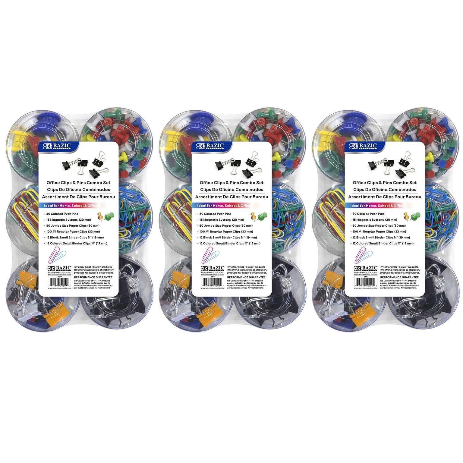 BAZIC Office Clips & Pins Combo Set, Assorted Colors, 269 Pieces Per Set, 3 Sets (BAZ290-3)
