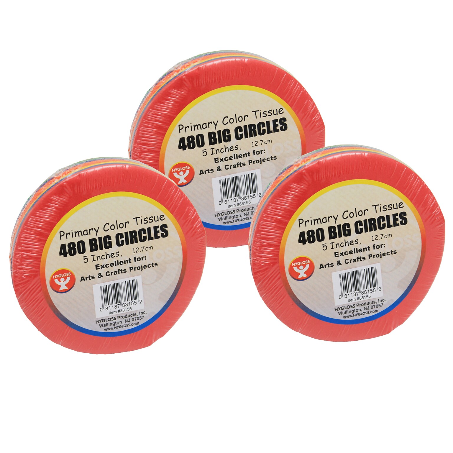 Hygloss 5 Tissue Circles, Primary Colors, 480/Pack, 3 Packs (HYG88155-3)