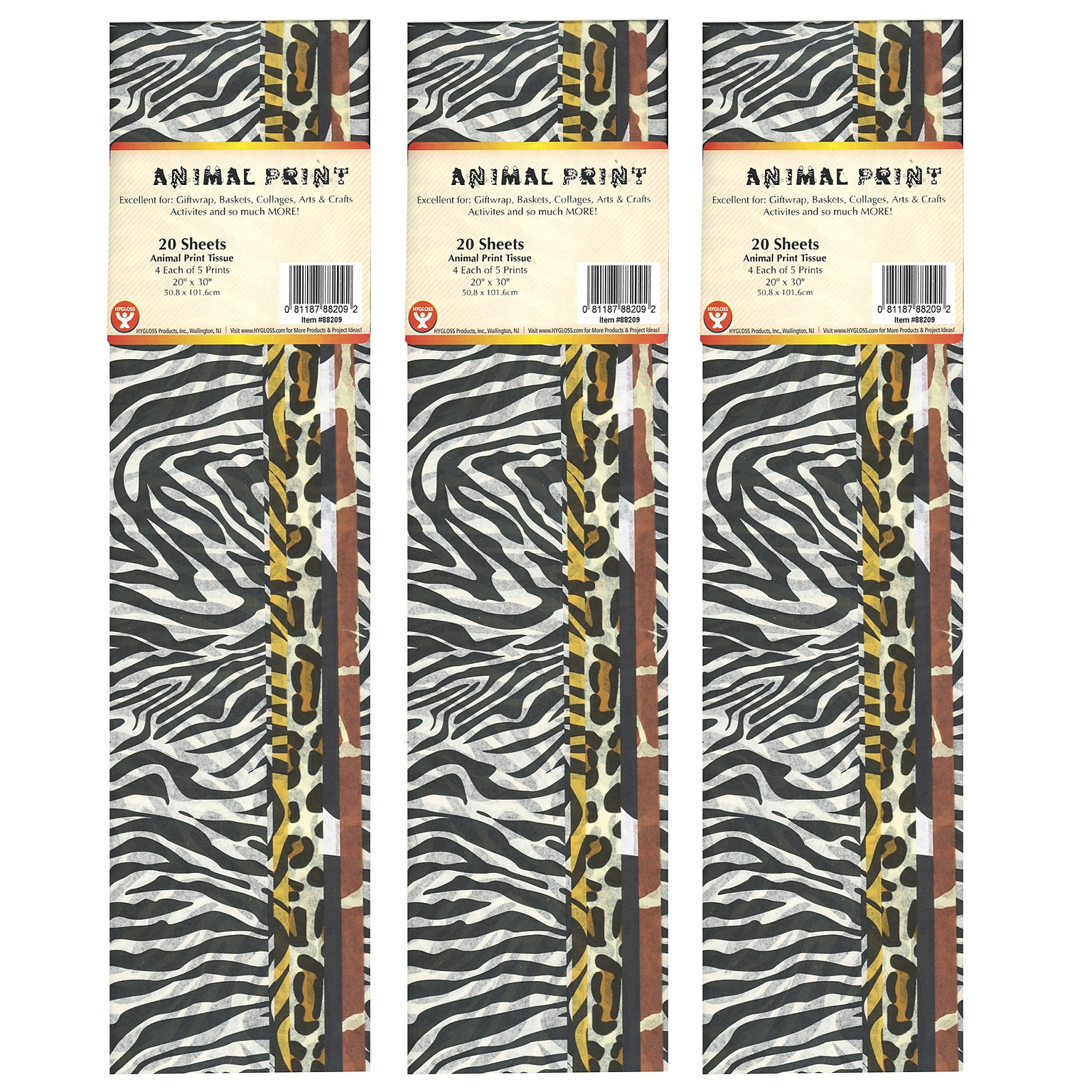 Hygloss Tissue Paper, Animal Print Assortment, 20 x 30, 20 Sheets/Pack, 3 Packs (HYG88209-3)