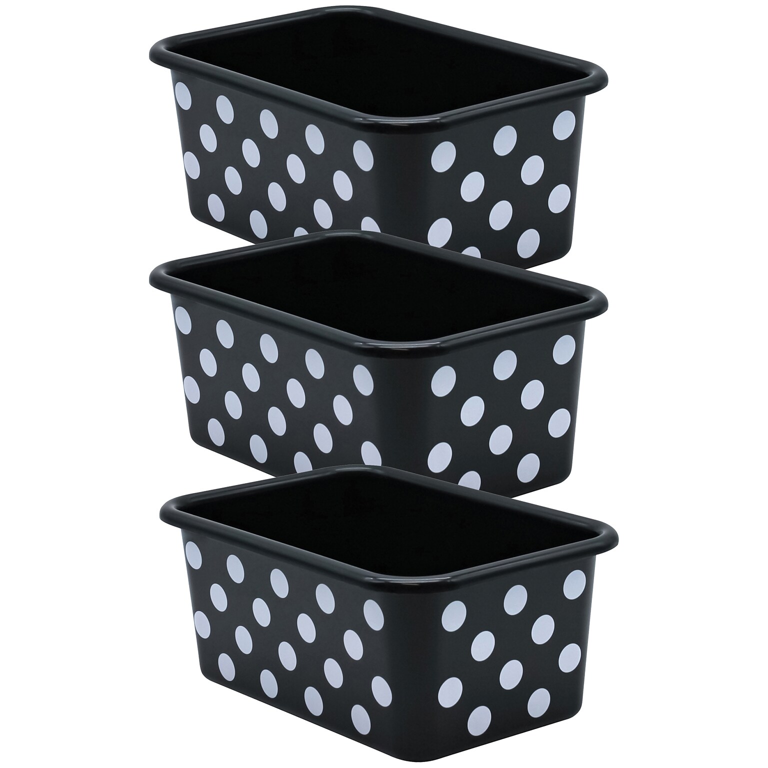 Teacher Created Resources® Plastic Storage Bin, Small, 7.75 x 11.38 x 5 , White Polka Dots on Black, Pack of 3 (TCR20402-3)