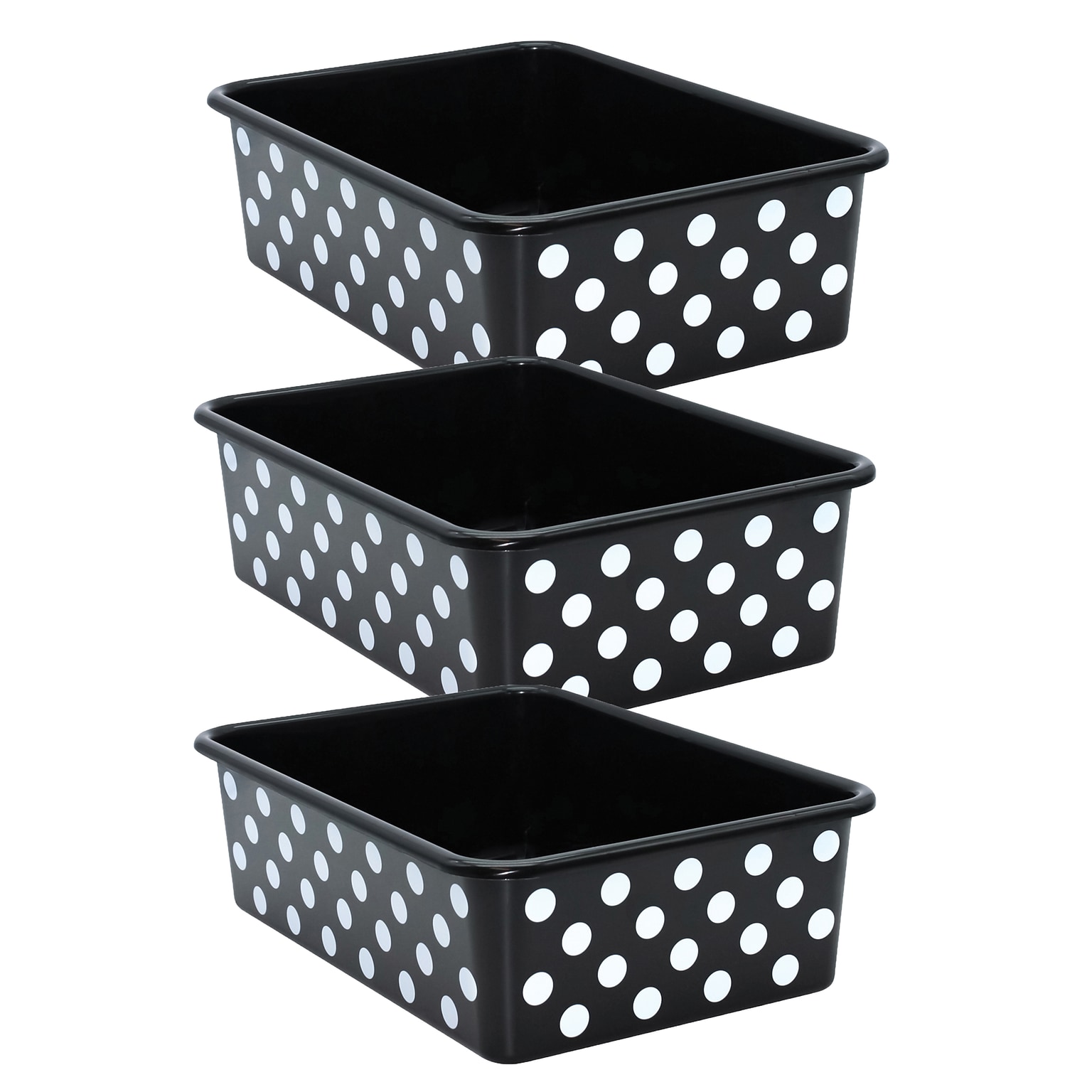Teacher Created Resources® Plastic Storage Bin, Large, 16.25 x 11.5 x 5, White Polka Dots on Black, Pack of 3 (TCR20420-3)