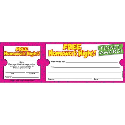 Scholastic Teaching Solutions Ticket Awards, Free Homework Night!, 100 Per Pack, 6 Packs (TF-1617-6)