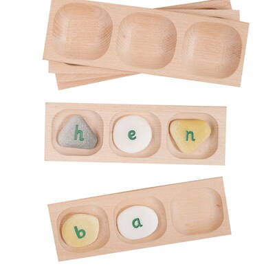 Yellow Door Three-Pebble Word-Building Tray, Natural Wood & Stones (YUS1108)