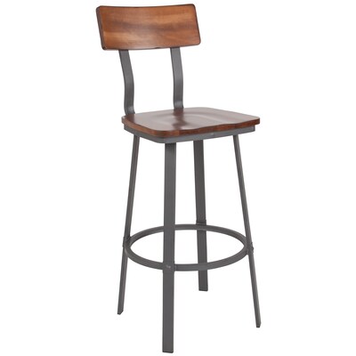 Flash Furniture Flint Series Industrial Metal Rectangular Back Restaurant Barstool, Rustic Walnut/Gray (XUDG60582B)