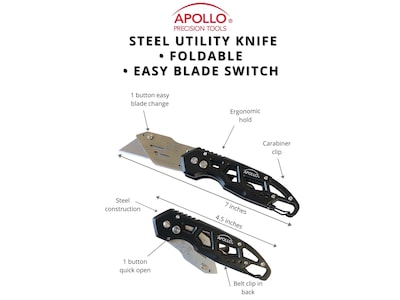 Apollo Tools Stainless Steel Foldable Utility Knife with Carabiner Clip and Fast-Change Blade (DT5017)