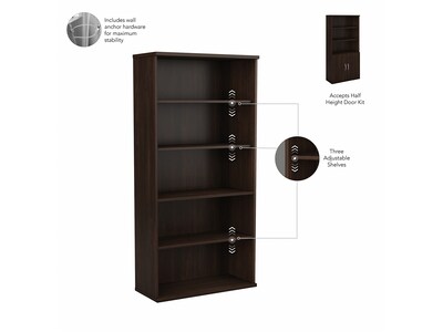Bush Business Furniture Studio C 73"H 5-Shelf Bookcase with Doors, Black Walnut Laminated Wood (STC015BW)