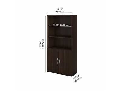 Bush Business Furniture Studio C 73"H 5-Shelf Bookcase with Doors, Black Walnut Laminated Wood (STC015BW)