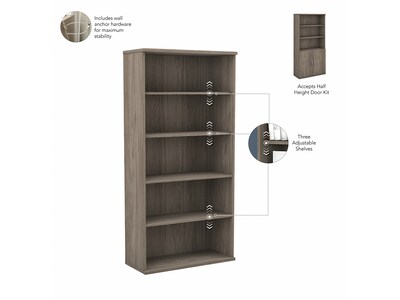 Bush Business Furniture Studio C 73"H 5-Shelf Bookcase with Doors, Modern Hickory Laminated Wood (STC015MH)