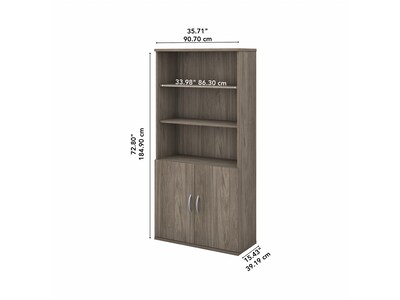 Bush Business Furniture Studio C 73"H 5-Shelf Bookcase with Doors, Modern Hickory Laminated Wood (STC015MH)