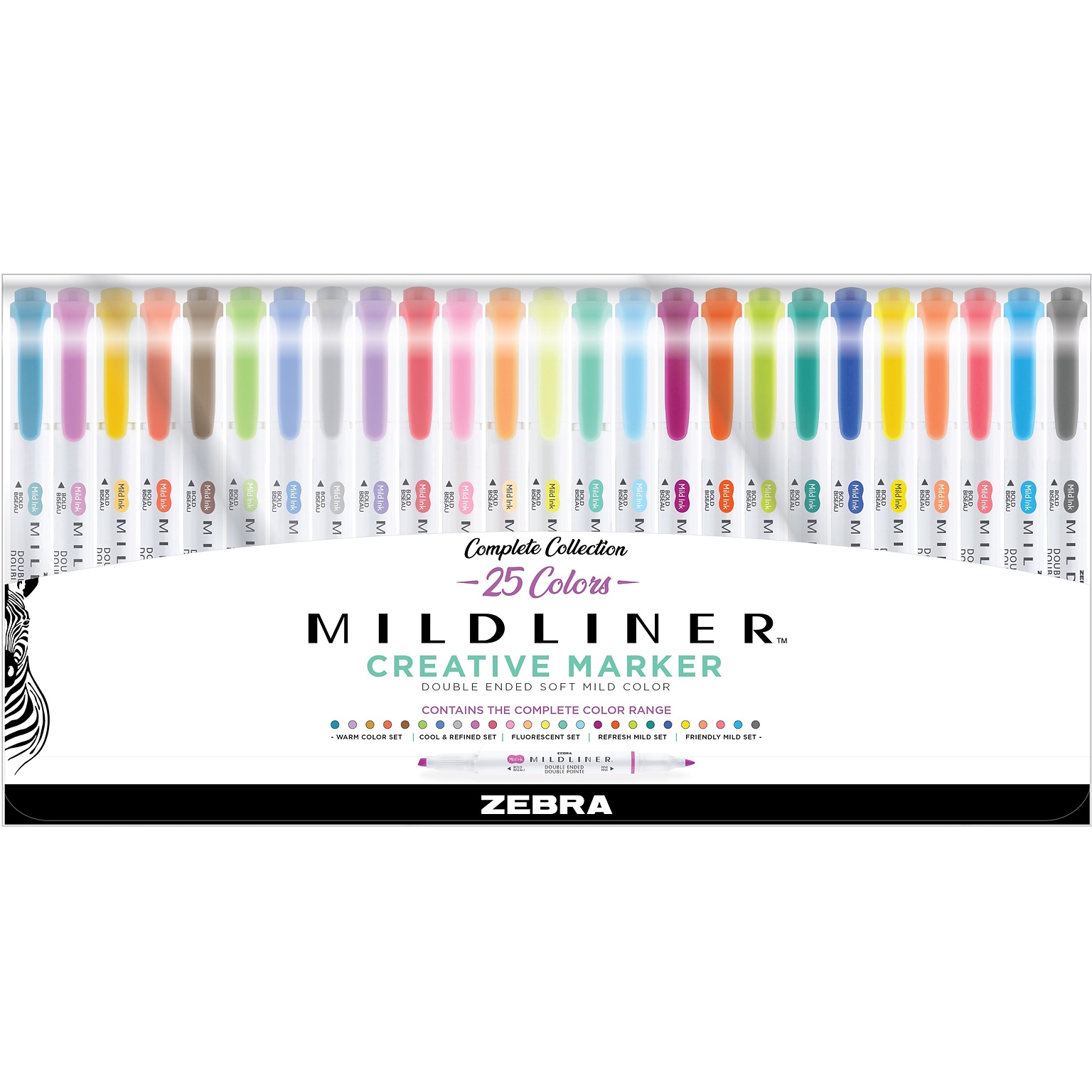 Zebra Mildliner Twin Tip Highlighters, Bullet/Chisel Tip, Complete Assorted, 25/Pack (78525)